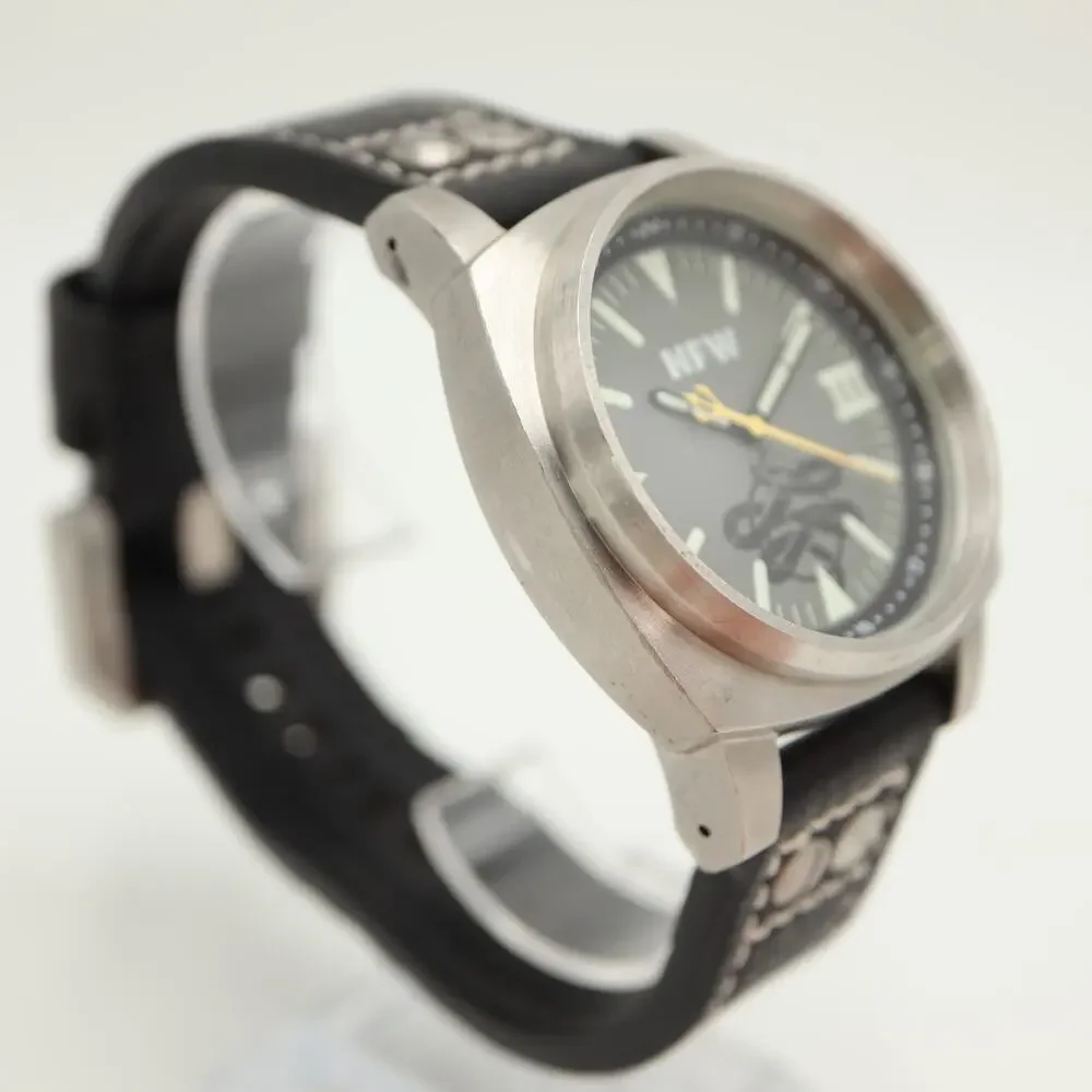 NFW Dive Mens Silver Tone 46mm Watch Black Leather Strap with New Battery